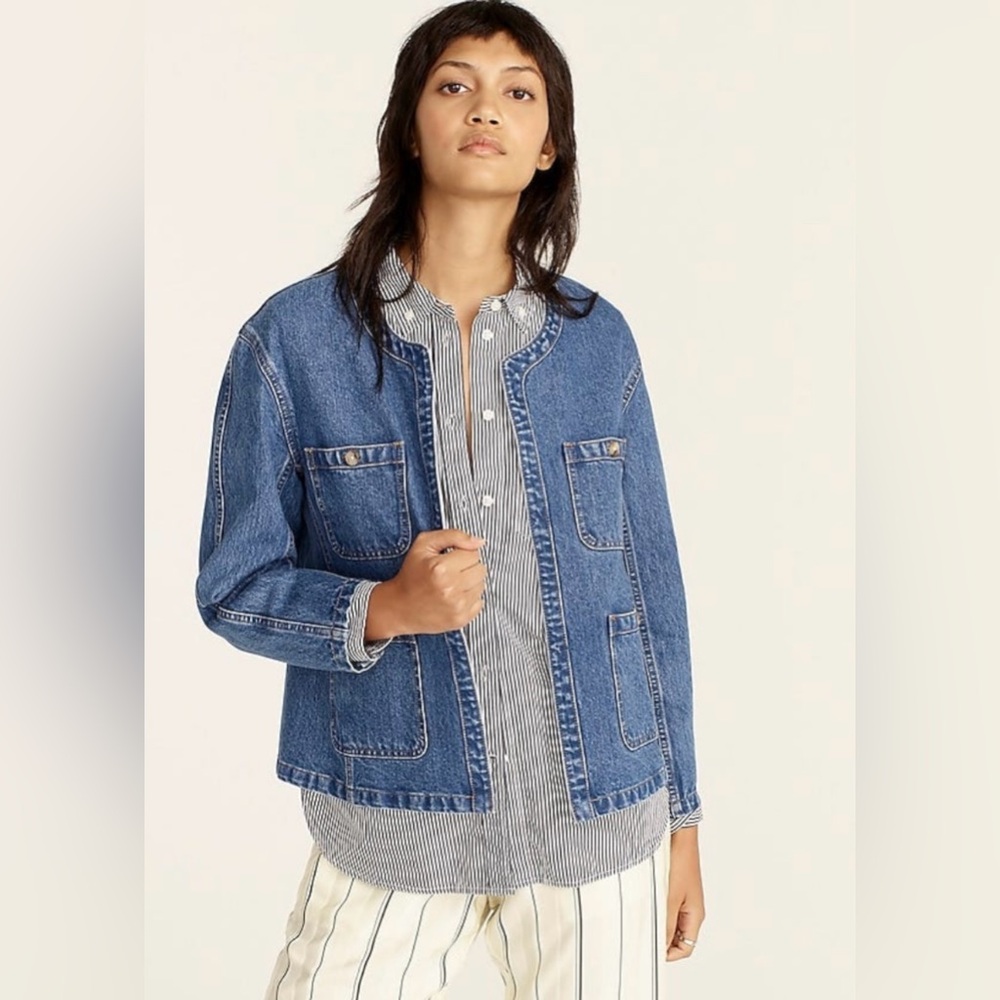 J. Crew Simone Relaxed Denim Jacket Open Front Collarless In Blue Size S